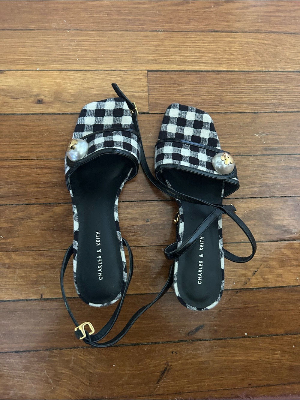 Charles & Keith Black and White Gingham Pearl-Embellished Sandals